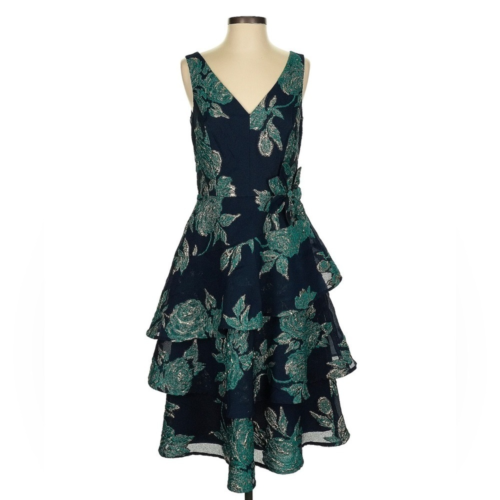 NEW Rickie Freeman For Teri Jon Floral Jacquard Tiered Dress - Picture 4 of 7